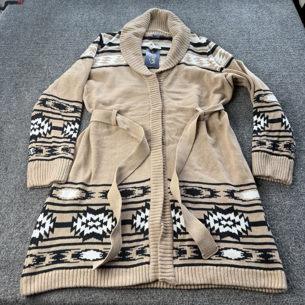Chaps Southwestern Cardigan Belted Sweater Women’s Large Shawl Collar Tan Brown